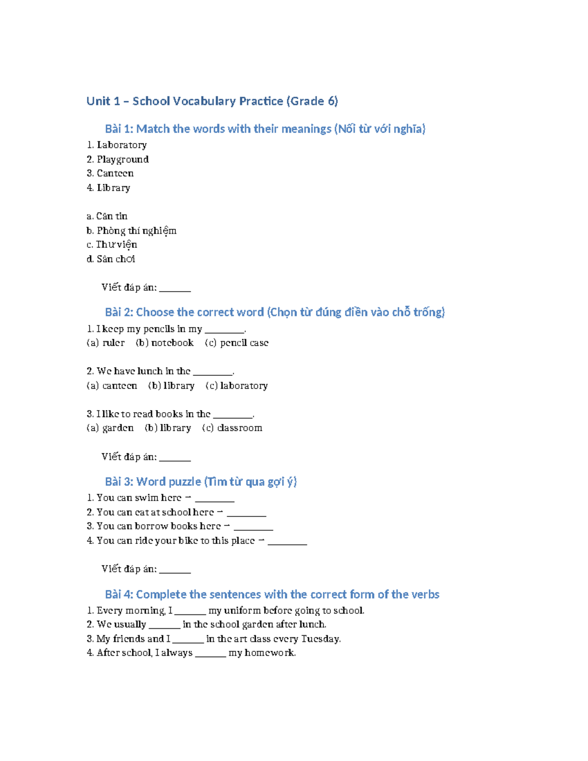 Unit 1 – Grade 6 School Vocabulary Practice Activities - Studocu
