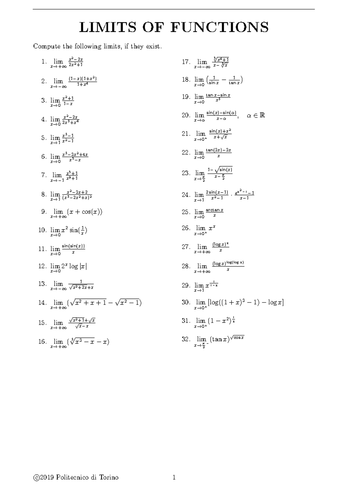 Calculus Limits Exercises 2024 (MATH101) - Studocu