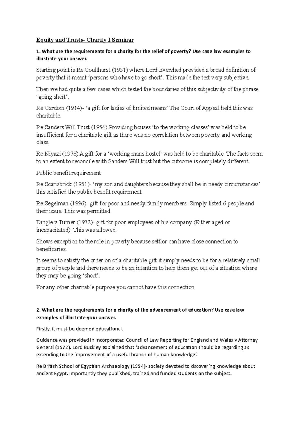Equity & Trusts Charity Seminar Notes: Requirements & Case Law - Studocu