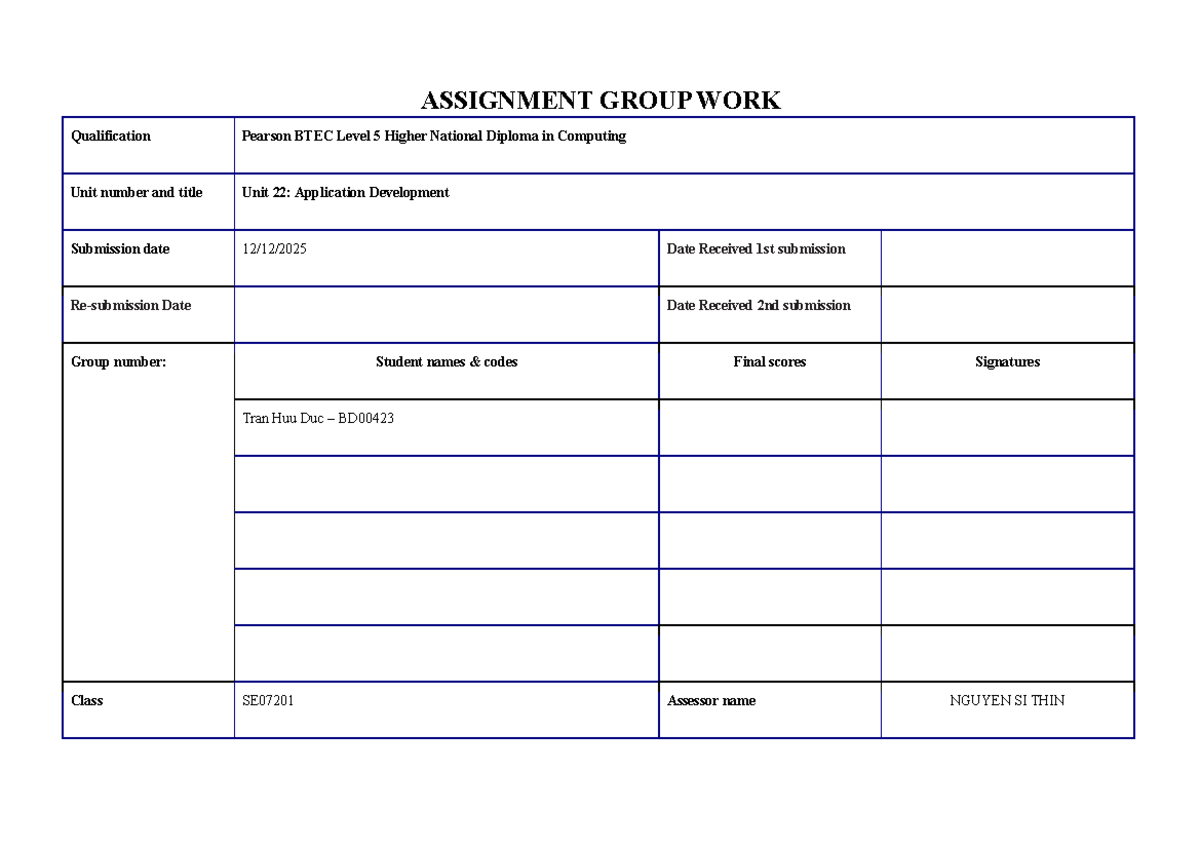 BTEC Level 5 HND Computing Unit 22: Application Development Assignment ...