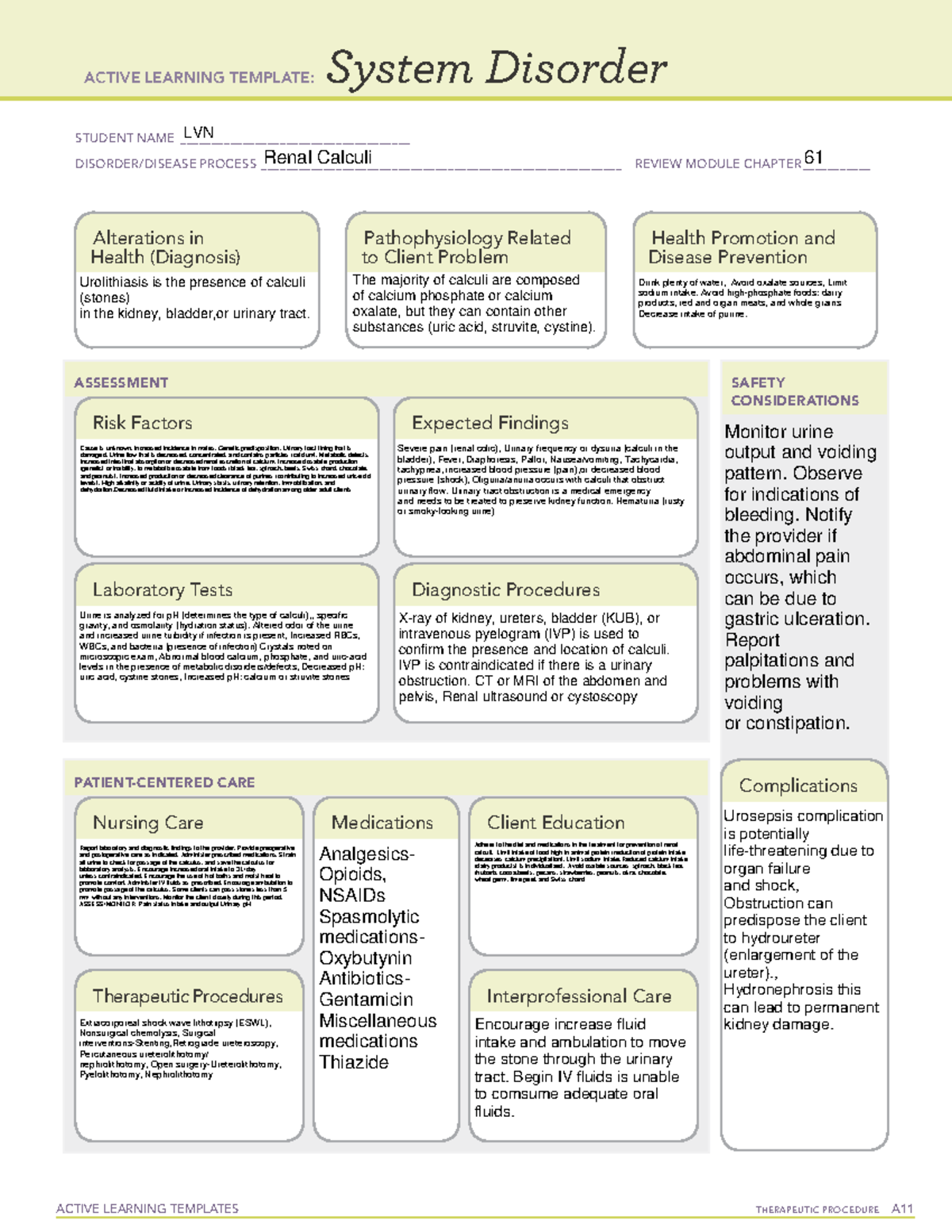 Renal Calculi (Urolithiasis) Active Learning Template - Studocu