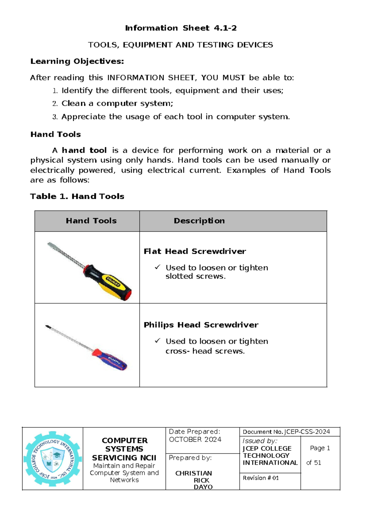 Information Sheet 4nformation sheet 4.1-2 - COMPUTER SYSTEMS SERVICING ...