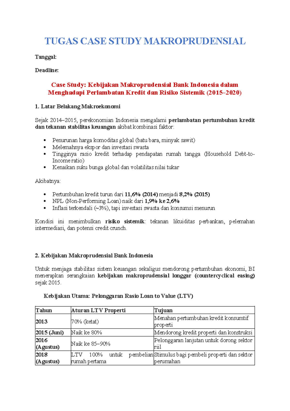 Tugas Case Study Makroprudensial: Kebijakan BI dan Dampaknya - Studocu