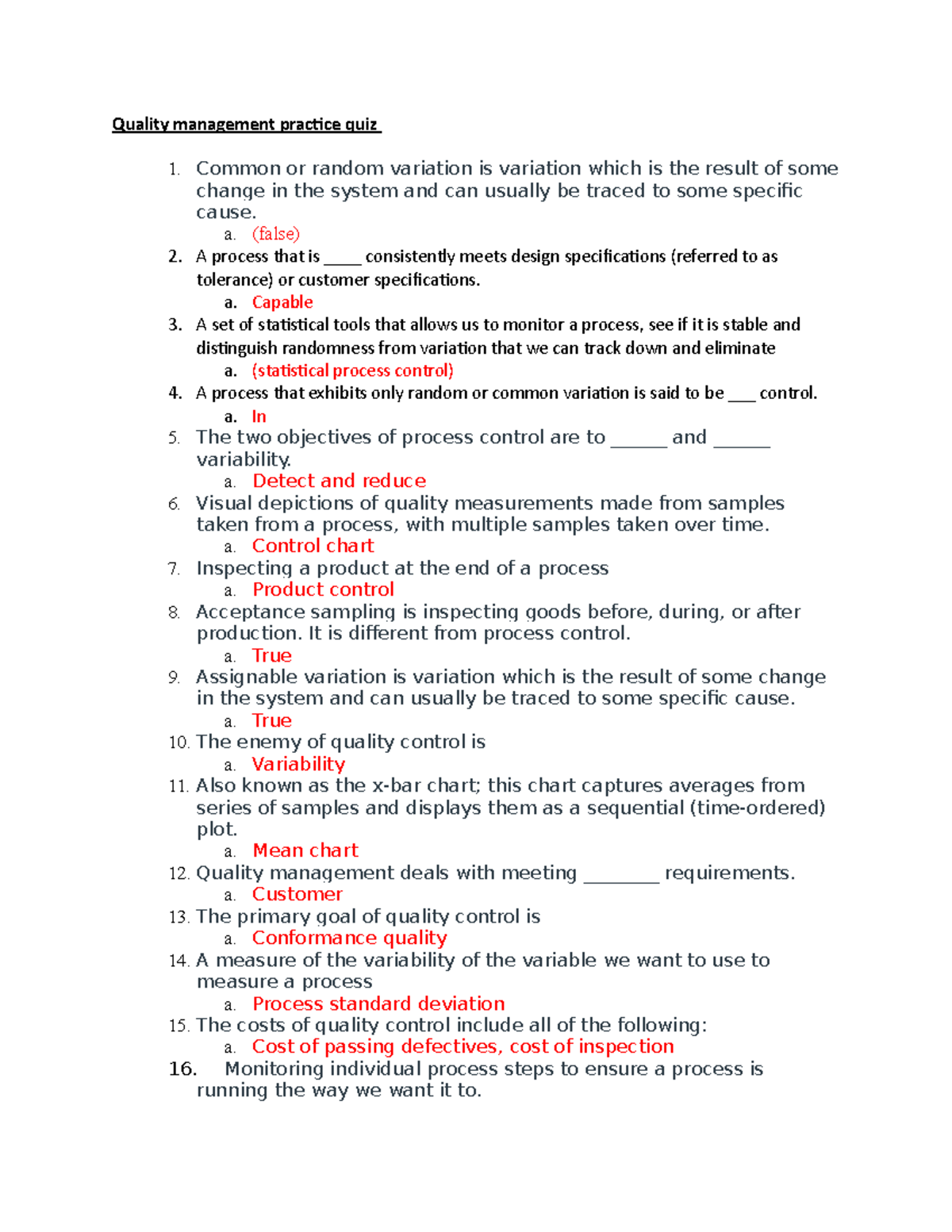 Quiz exam 3 notes - exam 3 quizzes - Quality management practice quiz ...