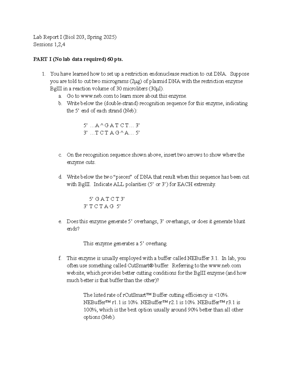 Lab Report I (Biol 203, Spring 2025): Restriction Enzyme Analysis and ...