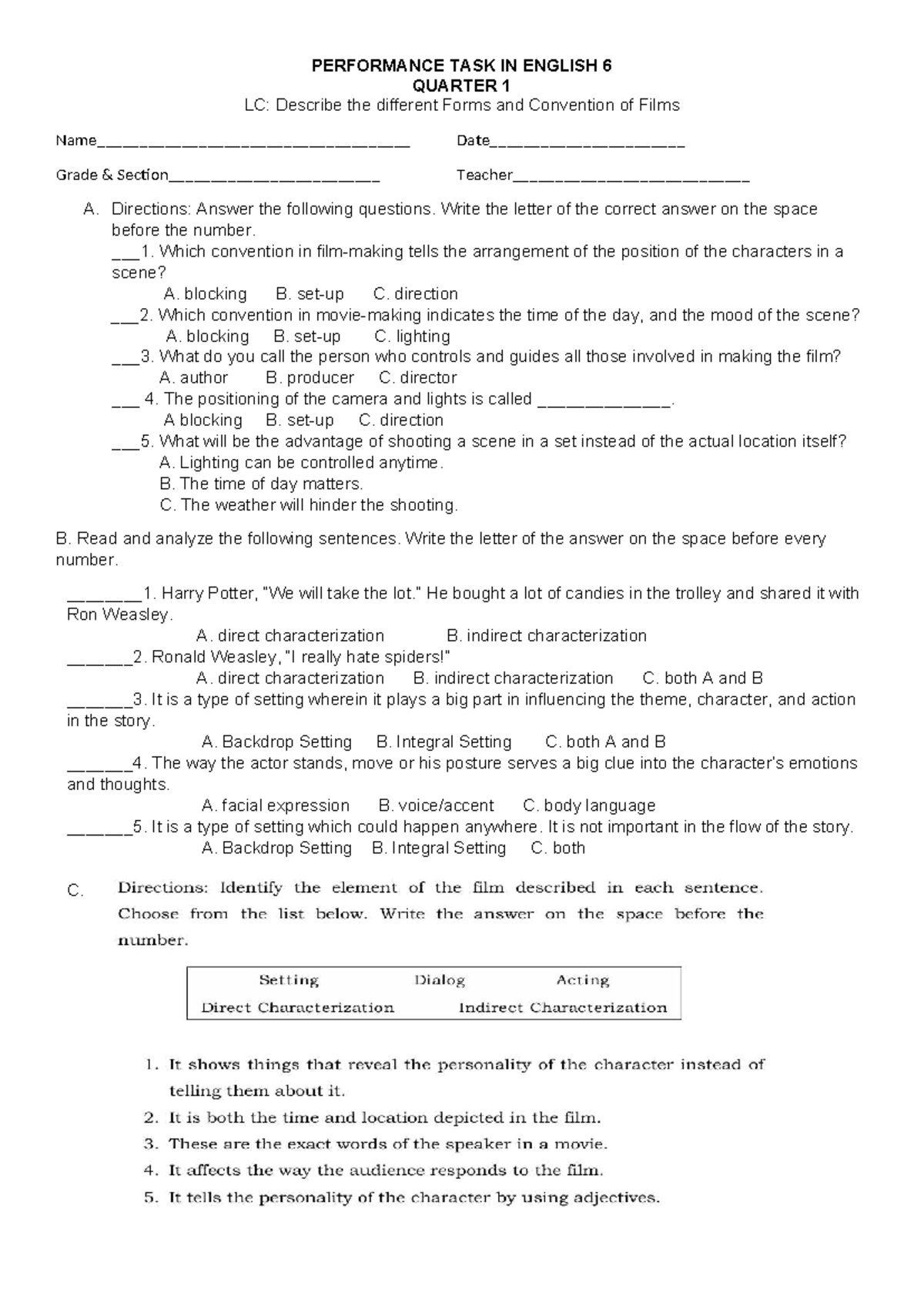 Performance Task in English 6: Film Forms & Conventions - Studocu