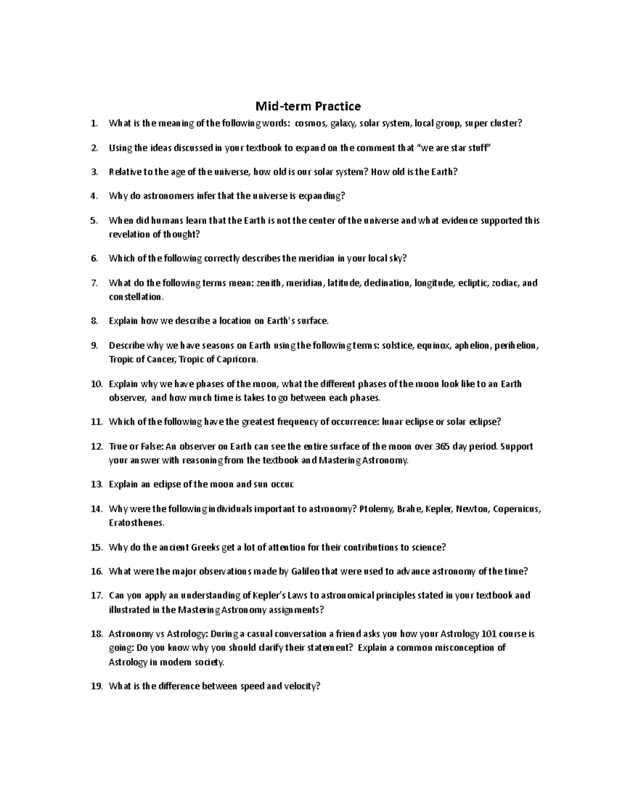 ASTR101 Midterm Study Guide: Key Concepts and Practice Questions - Studocu