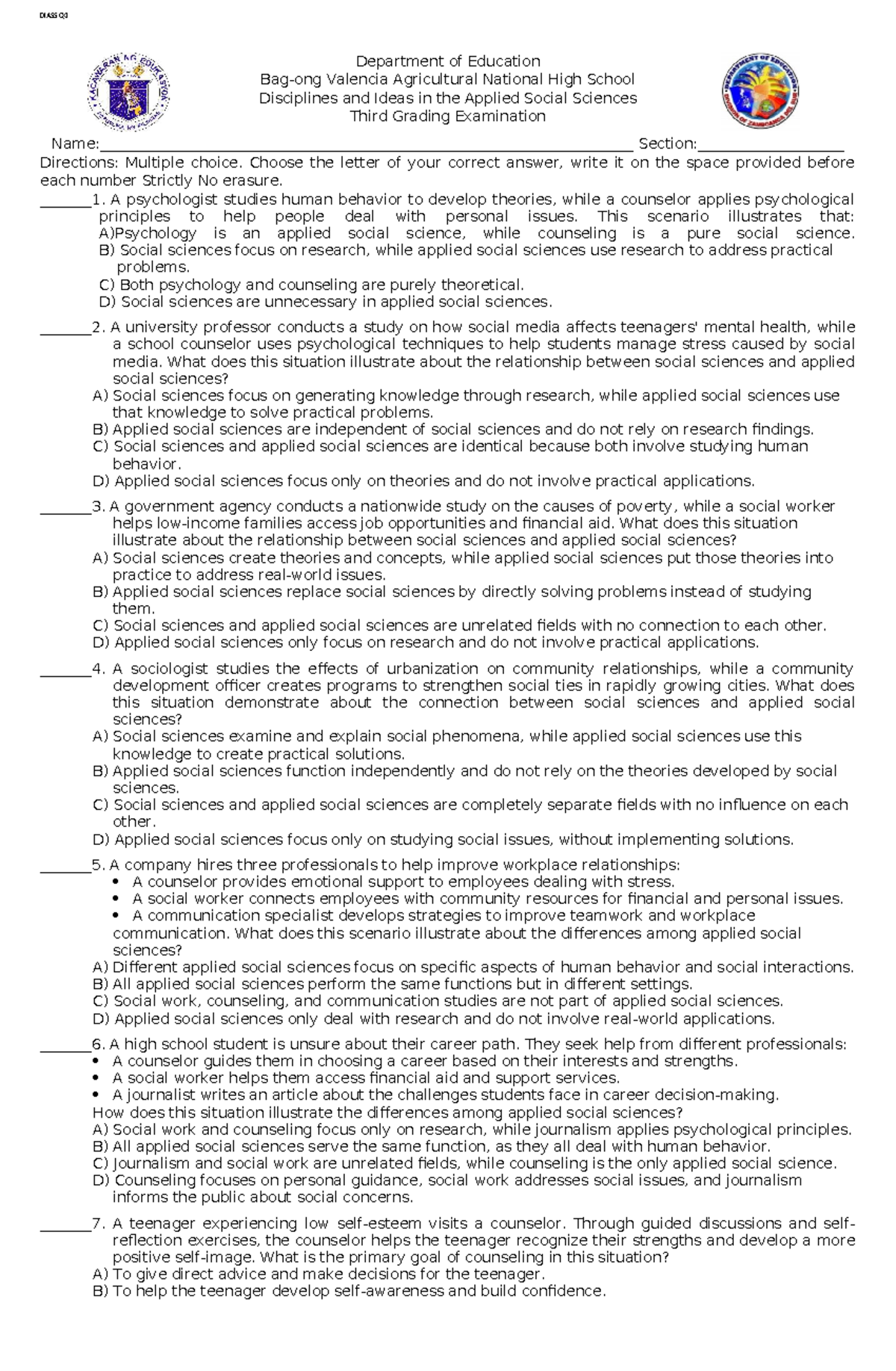 DIASS Q3: Exam Review for Disciplines in Applied Social Sciences - Studocu
