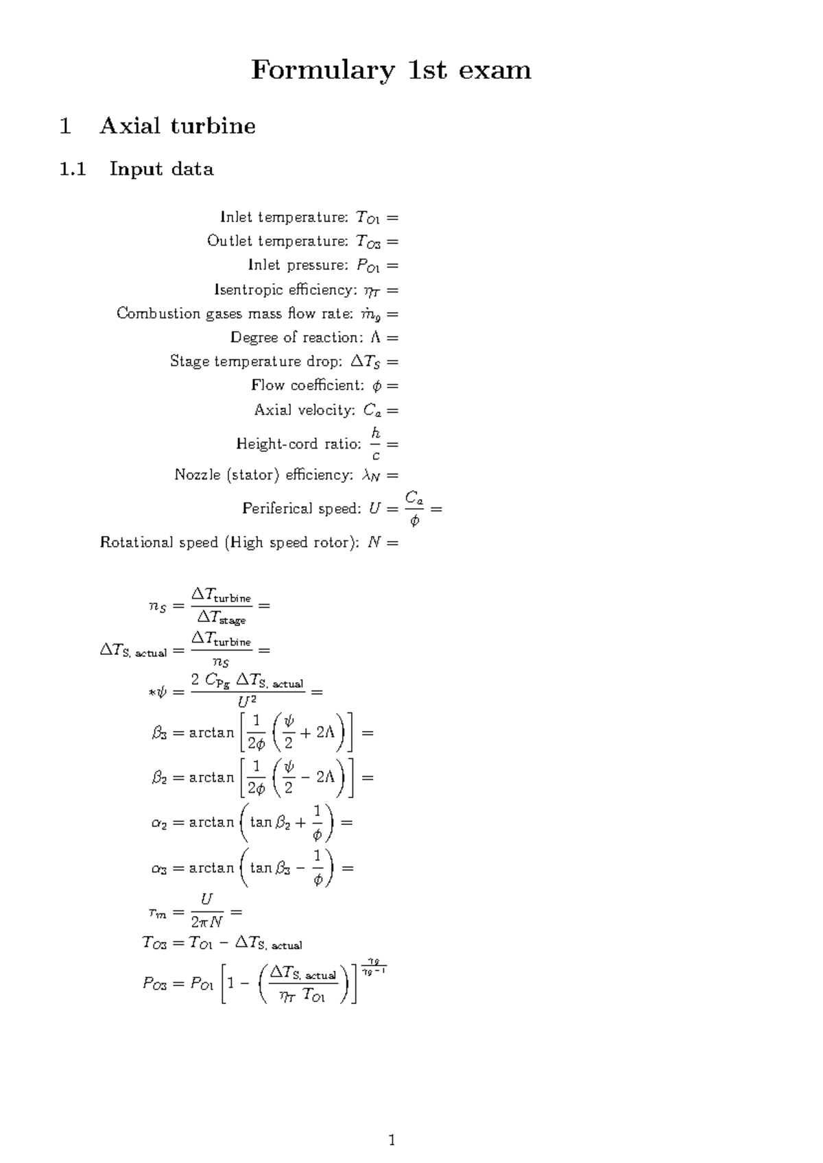 Formulary 1st Exam: Axial Turbine Analysis and Data - Studocu