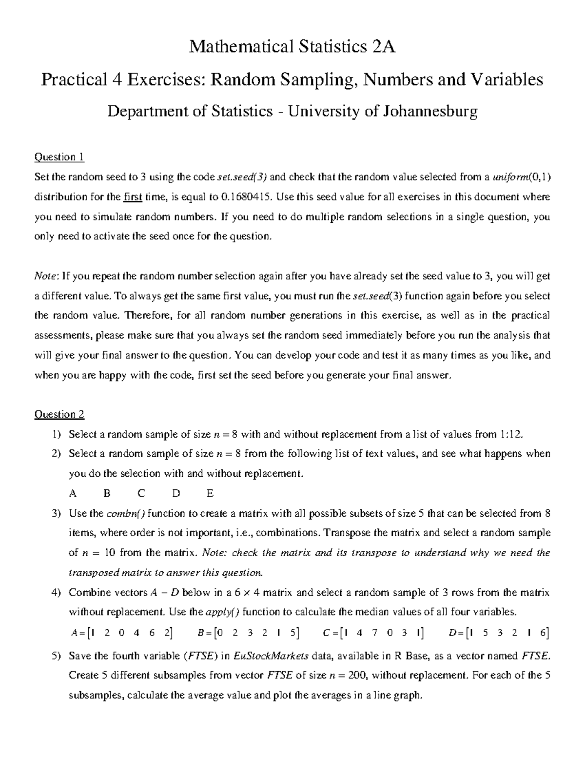 STA02A2 Practical 4: Random Sampling Exercises in Mathematical ...