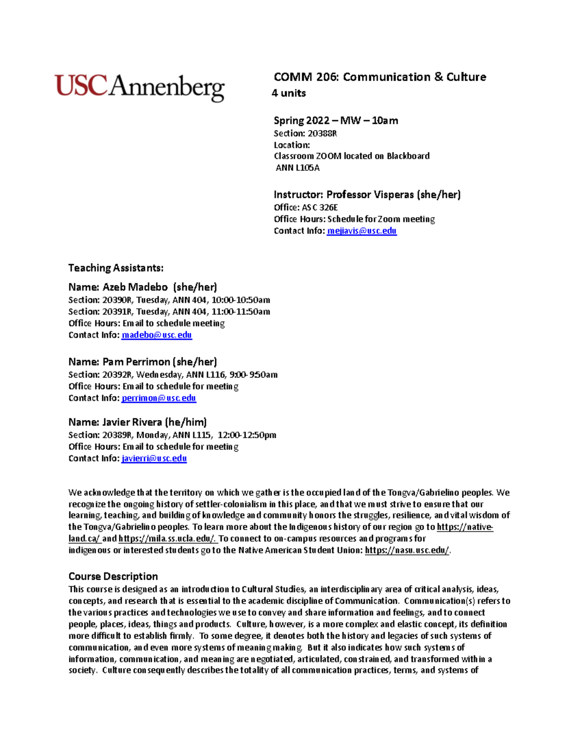 COMM206 Syllabus Spring 2022: Communication & Culture Course Details ...