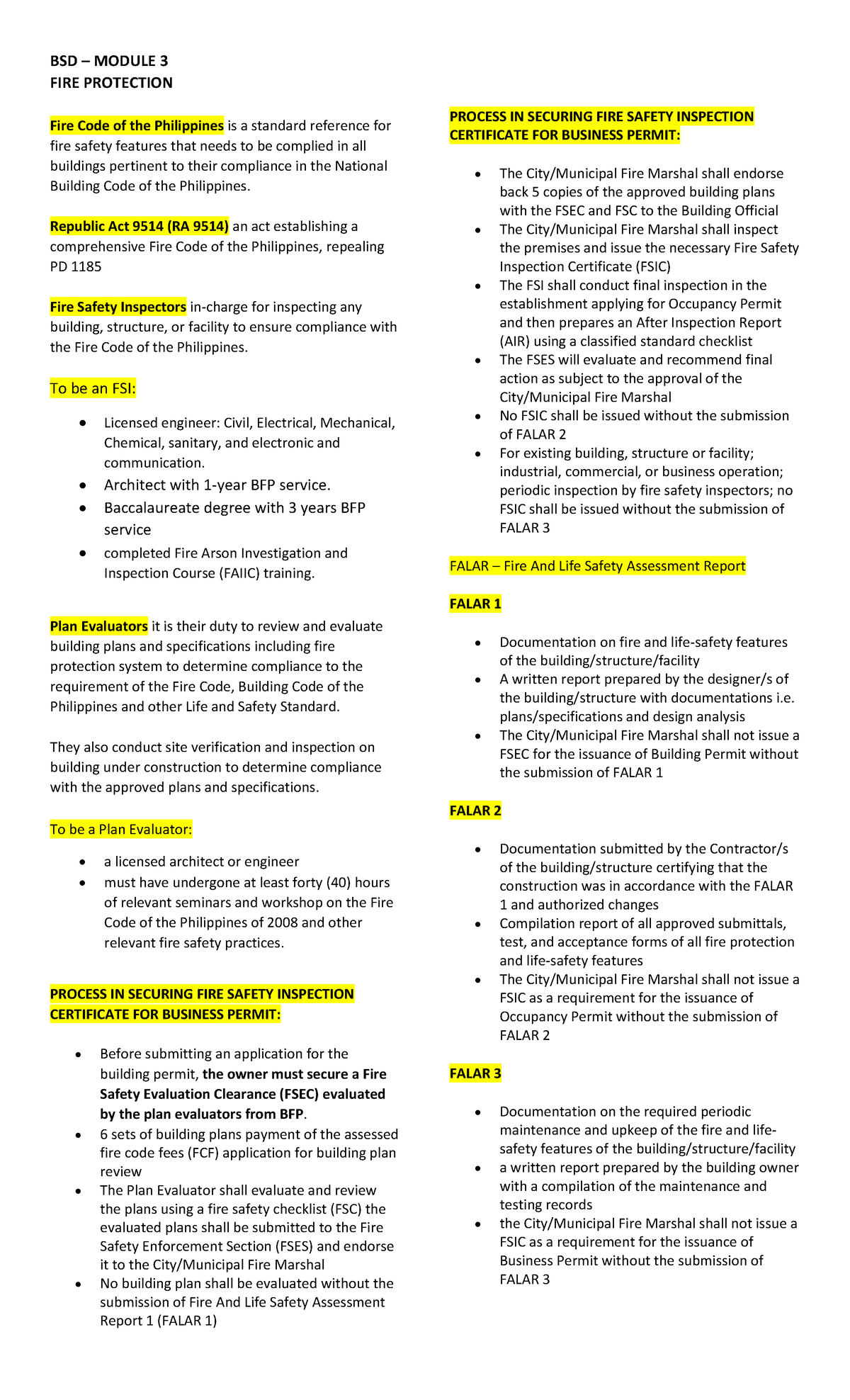 BSD Module 3: Fire Protection Code and Compliance Guidelines - Studocu