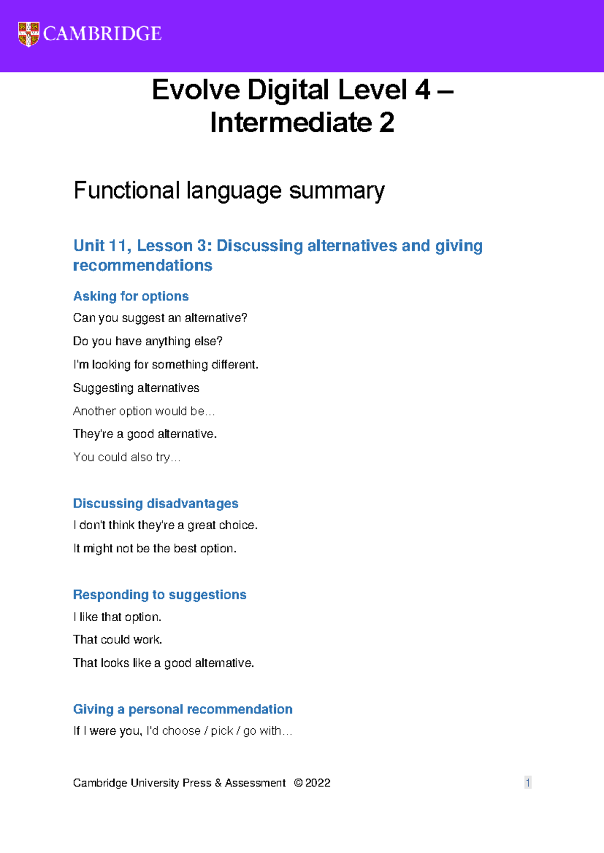 Evolve Digital Level 4 I2: Unit 11 Functional Language Summary - Studocu