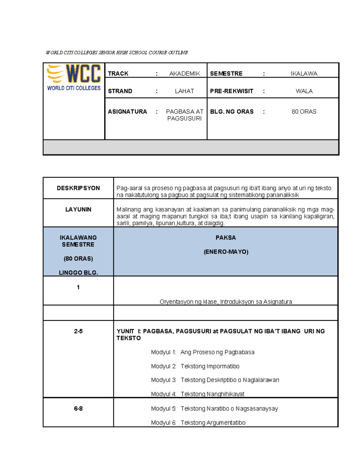 Filipino 2 - Course Outline: Pagbasa at Pagsusuri (Ikalawang Semestre ...