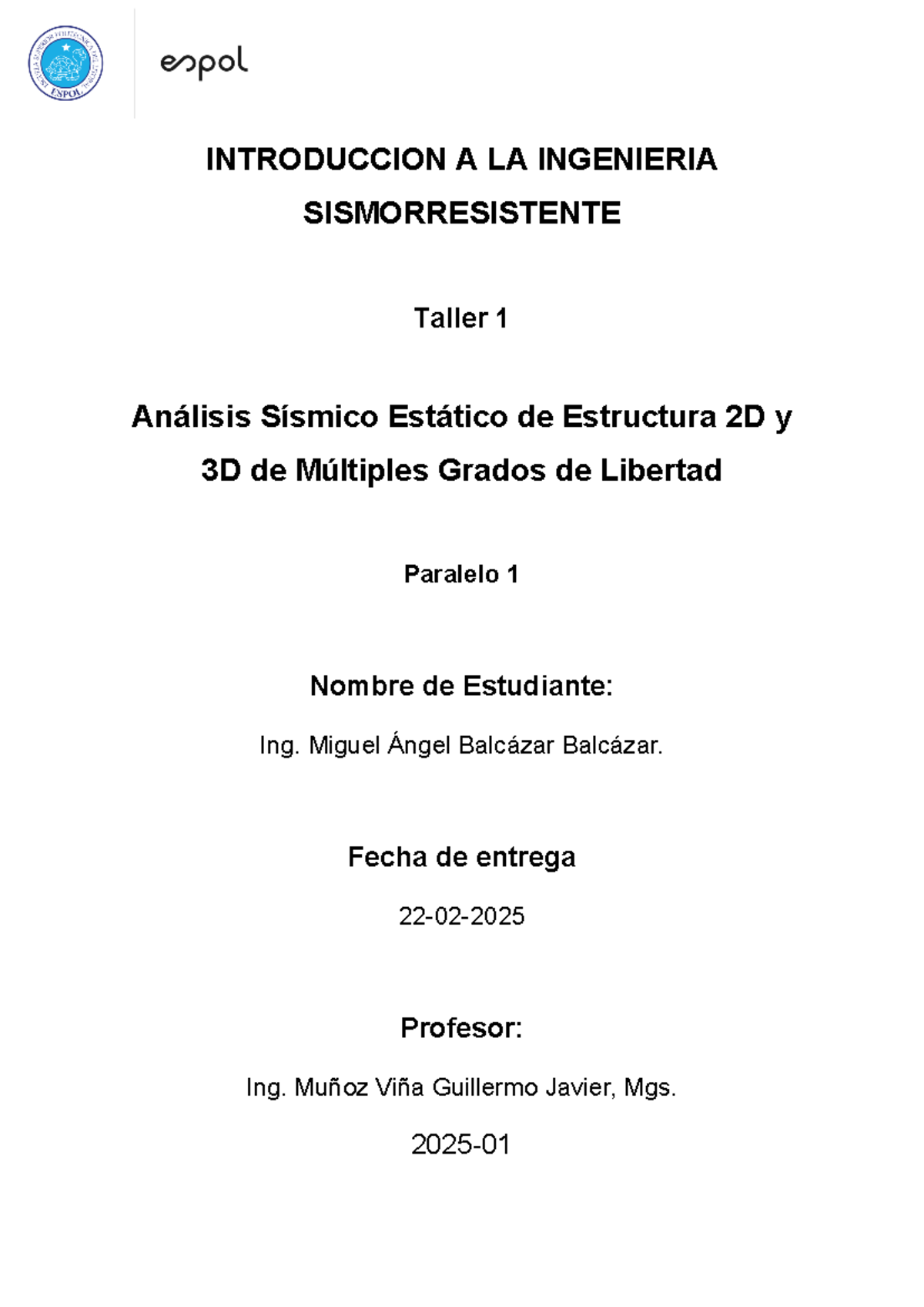 Taller 1: Análisis Sísmico de Estructuras 2D y 3D - Ing. Balcázar  - Document Preview