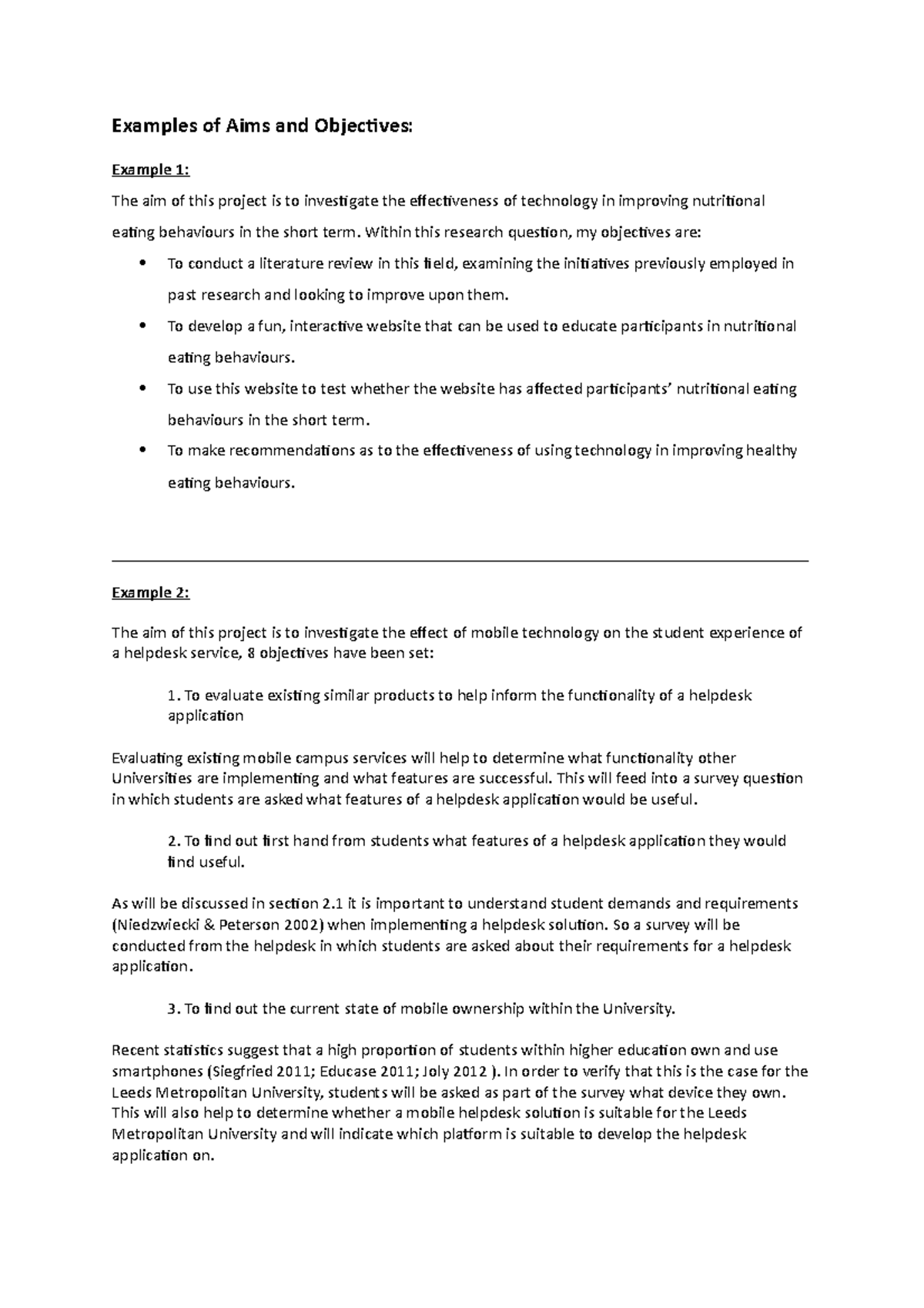Aims and Objectives Examples for Research Projects - Studocu