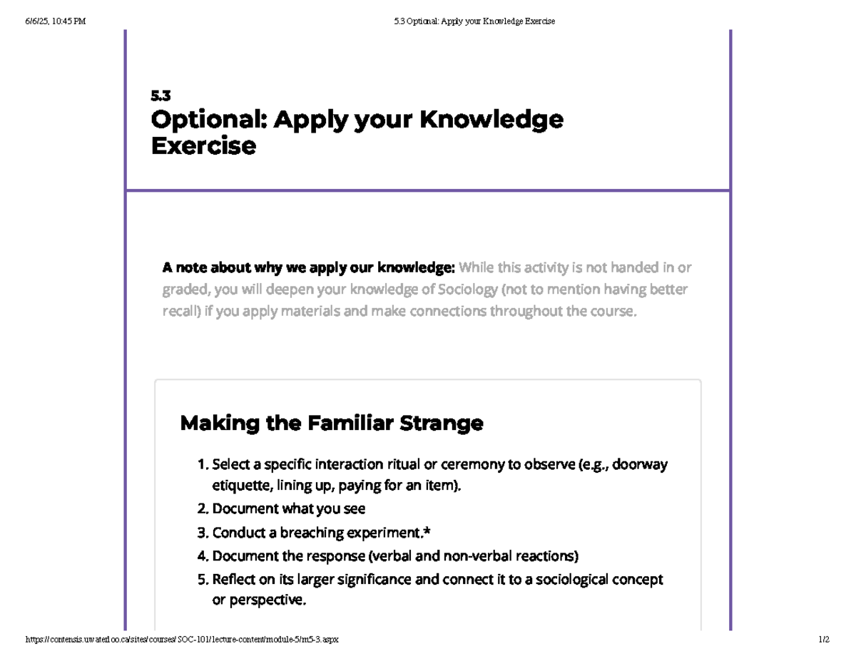 Sociology 5.3 Optional: Apply Your Knowledge Exercise Guide - Studocu