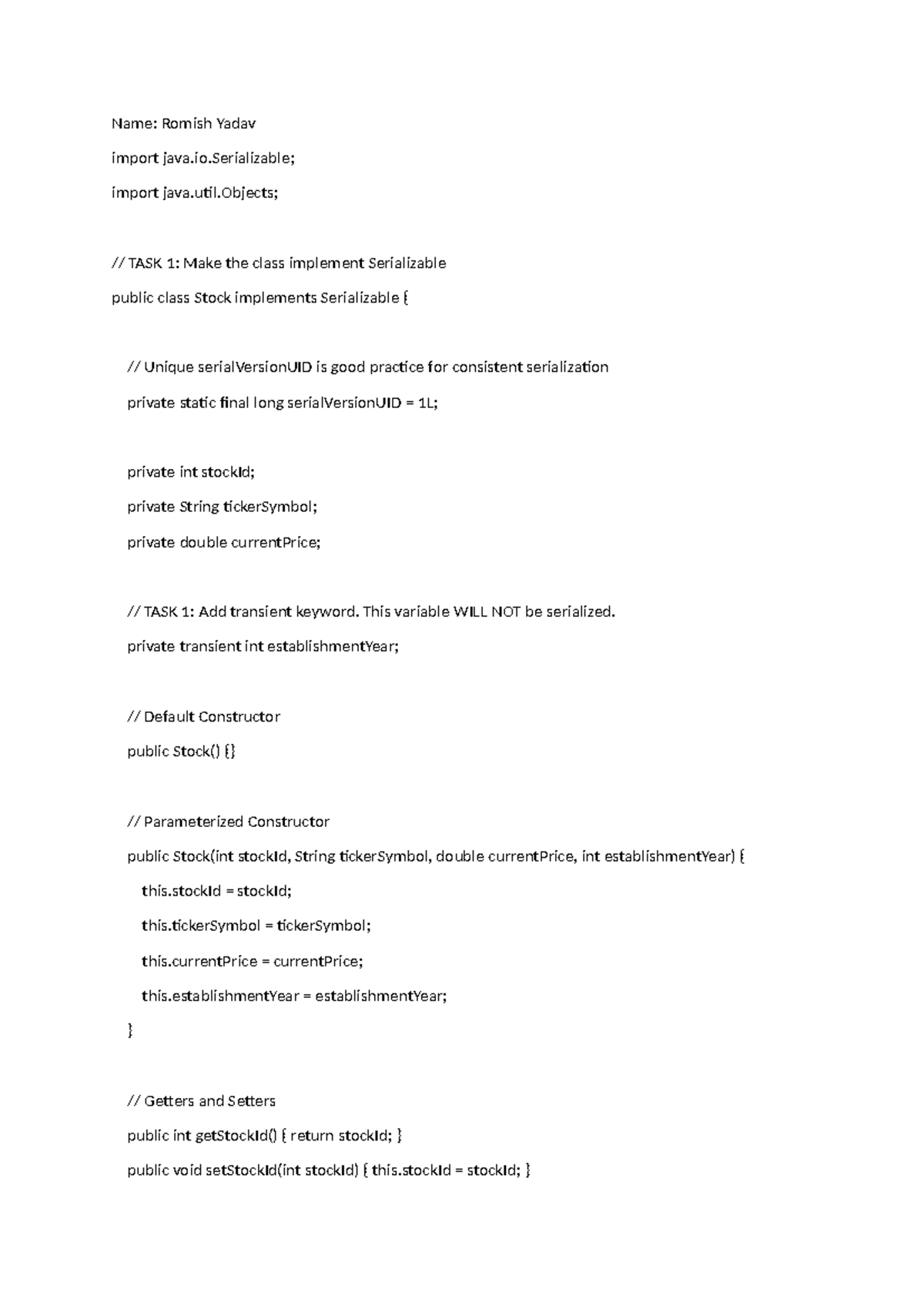 Assignment 8: Implementing Serializable Stock Class in Java - Studocu