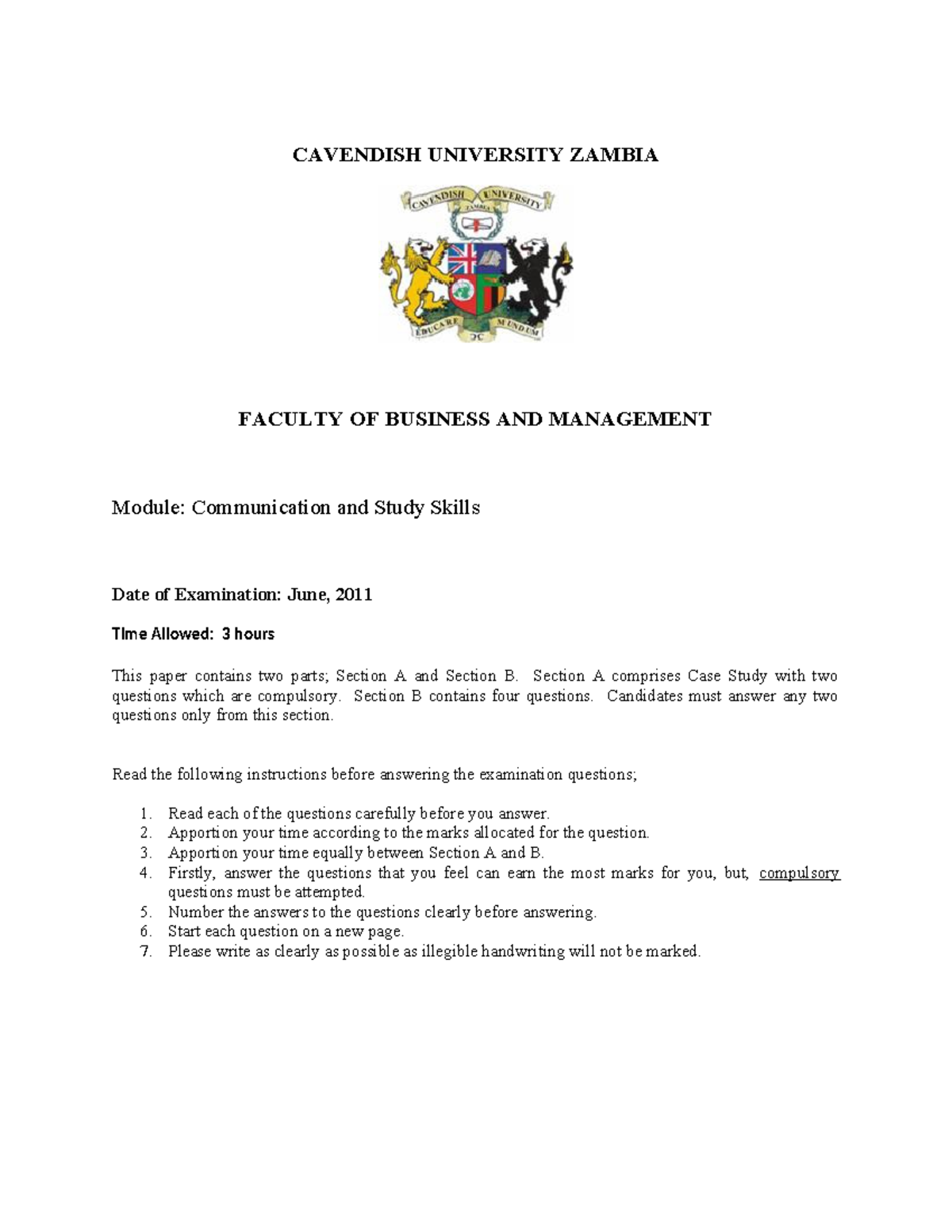Communication and Study Skills CUF 9 June Exam Paper 2011 - Studocu