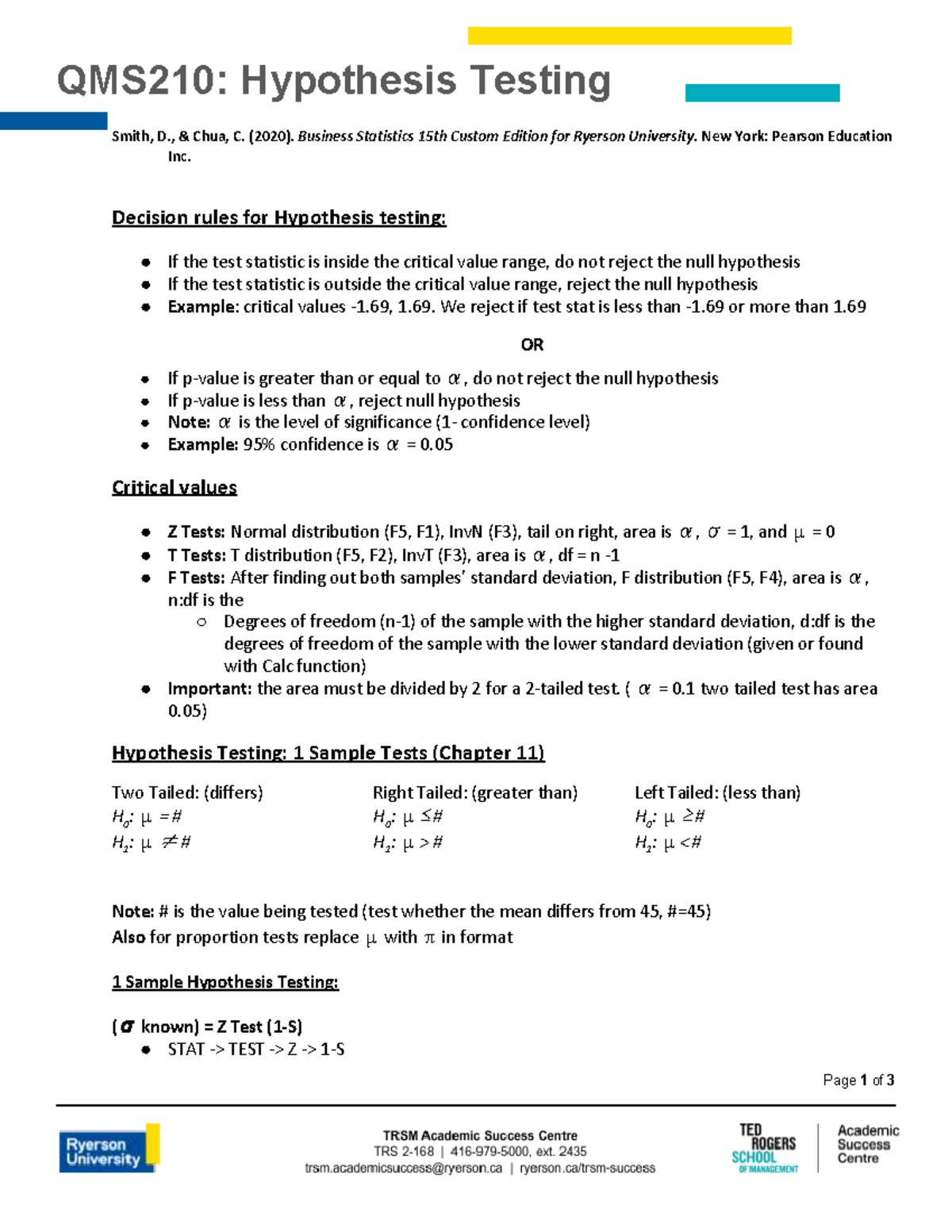 QMS210: Tip Sheet for Hypothesis Testing Techniques - Studocu