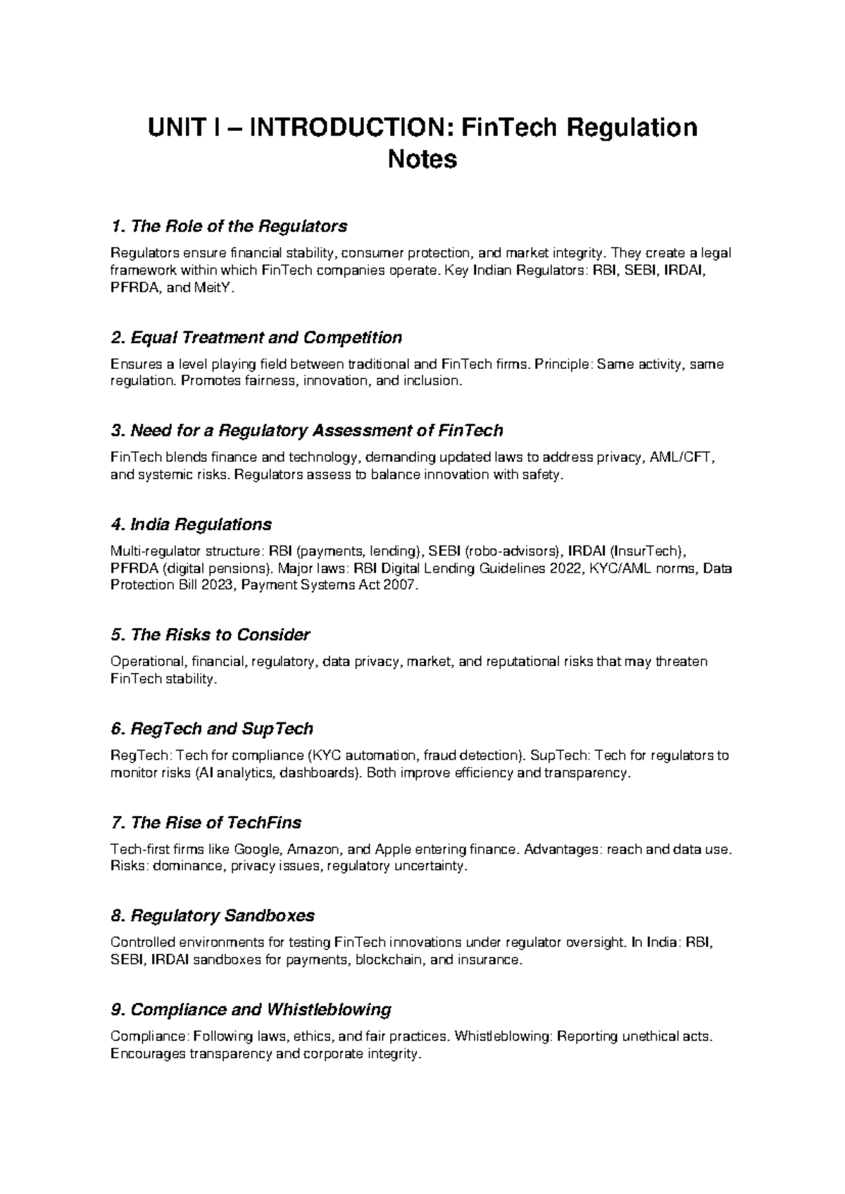 FinTech Regulation Unit I: Key Insights and Frameworks - Studocu