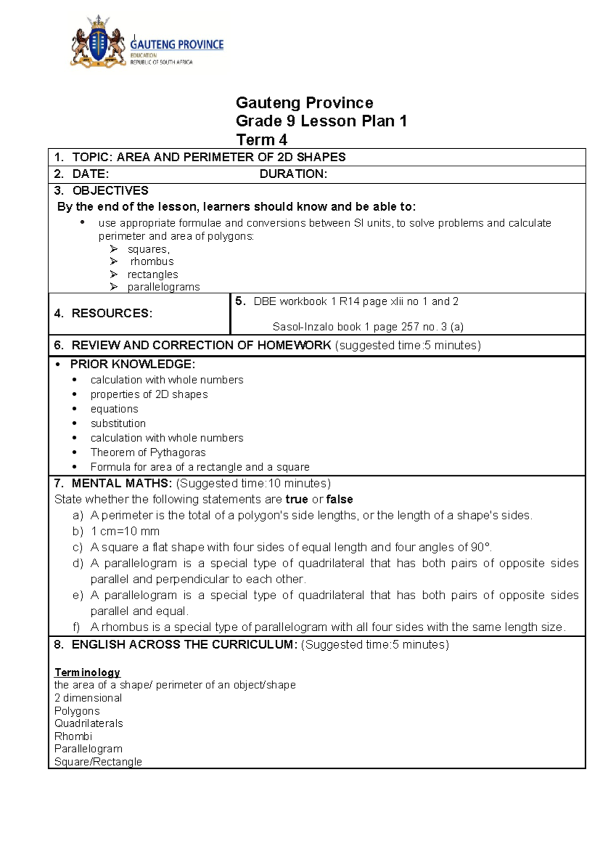 Gauteng Province Grade 9 Term 4 Lesson Plans: Area & Perimeter of 2D ...