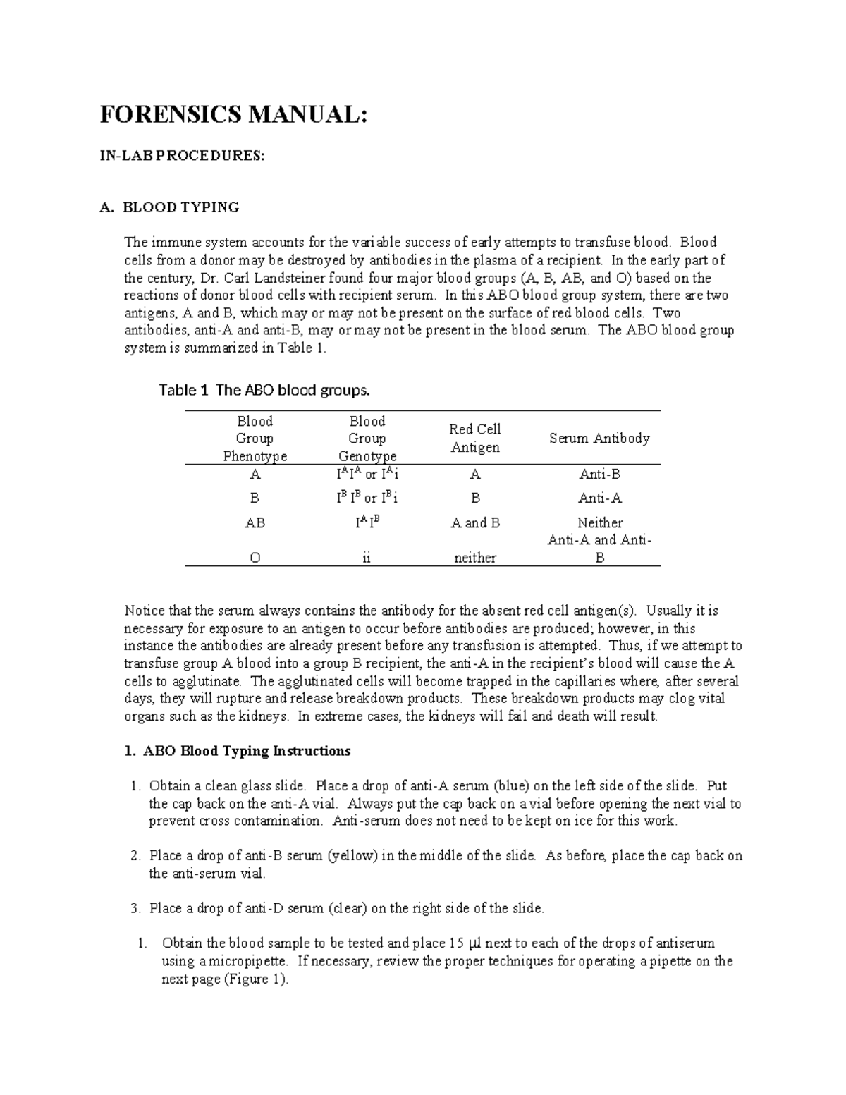 Forensics Procedures in Blood Typing and Hair Analysis (CSI 101 ...