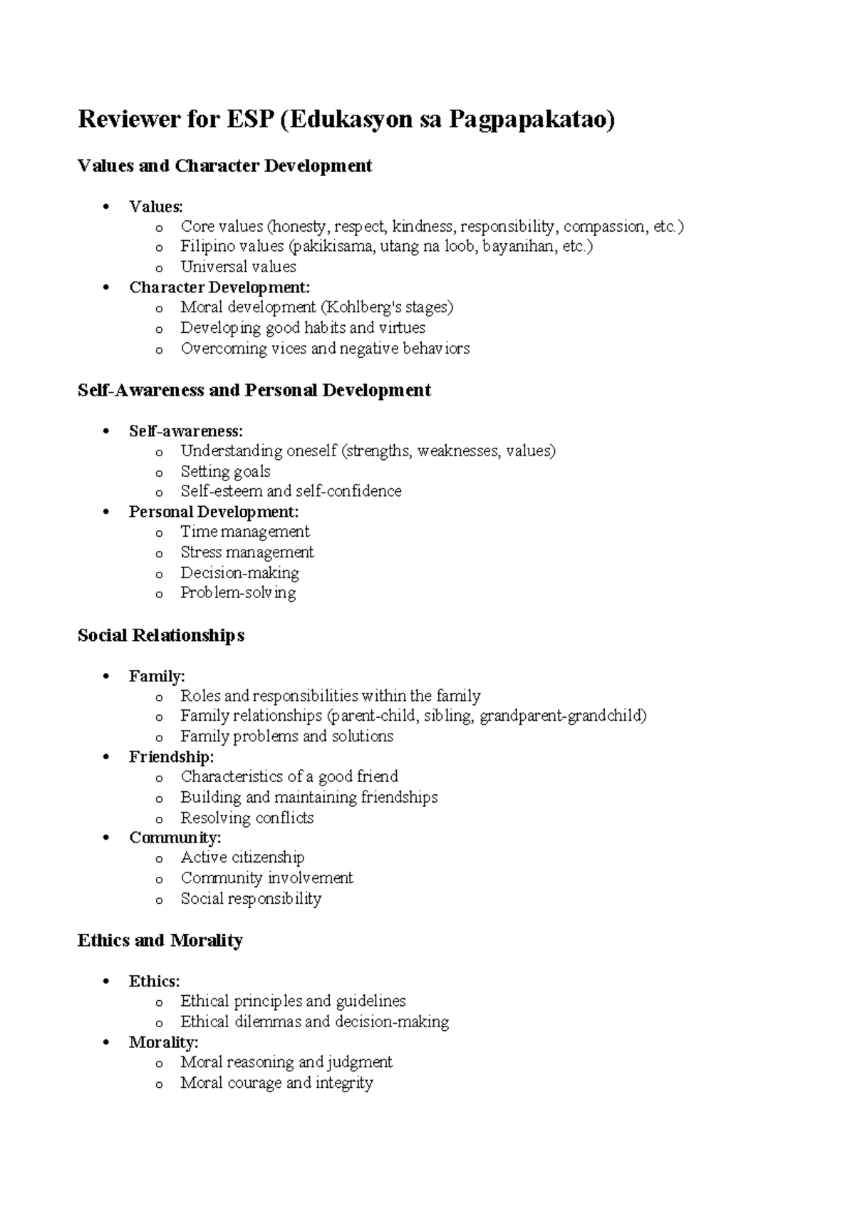 Reviewer for ESP - ESP - Reviewer for ESP (Edukasyon sa Pagpapakatao ...