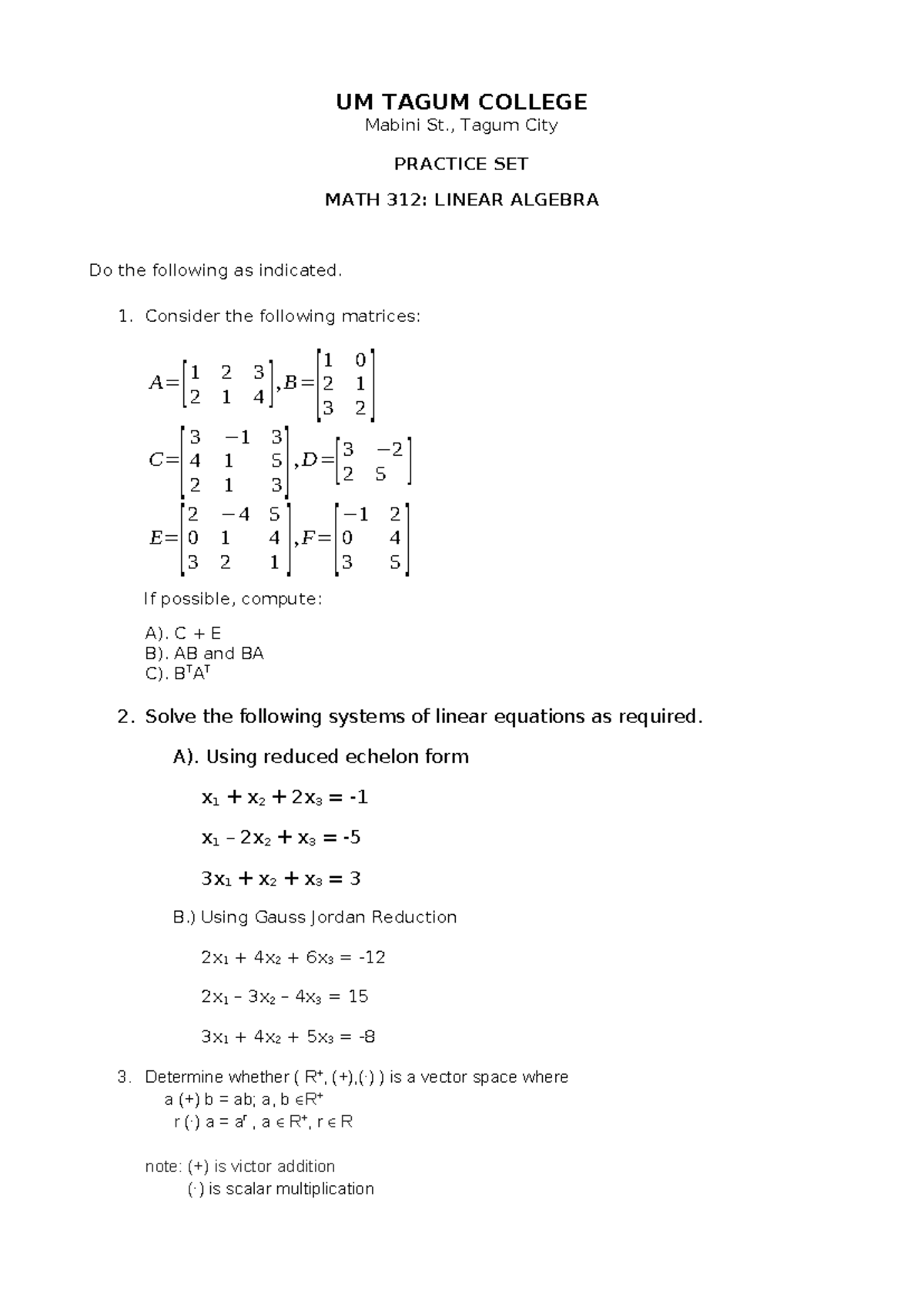 MATH 312: Practice Set on Linear Algebra Concepts and Solutions - Studocu