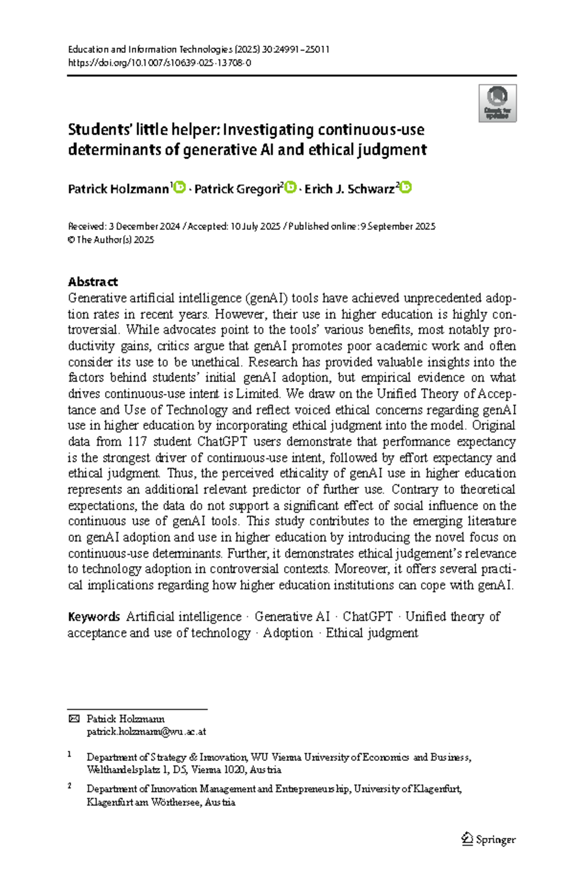 Determinants of Generative AI Use in Higher Education: Ethical Insights ...