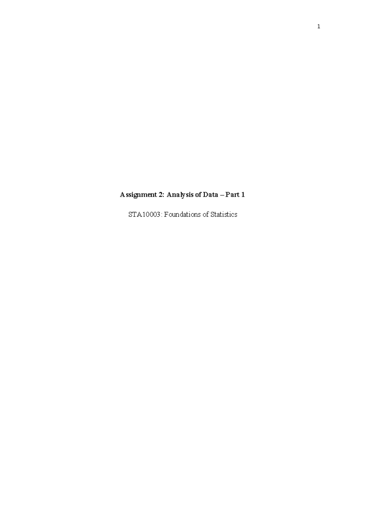 STA10003 Assignment 2: Data Analysis and Statistics - Part 1 - Studocu