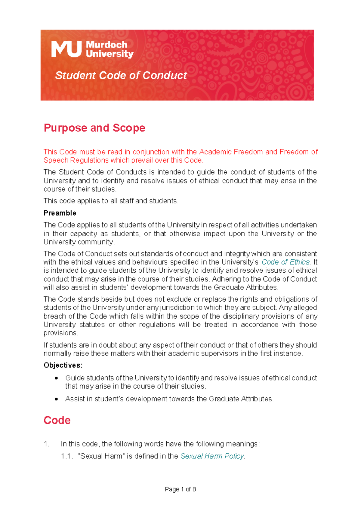 Murdoch University Student Code of Conduct Overview and Guidelines ...