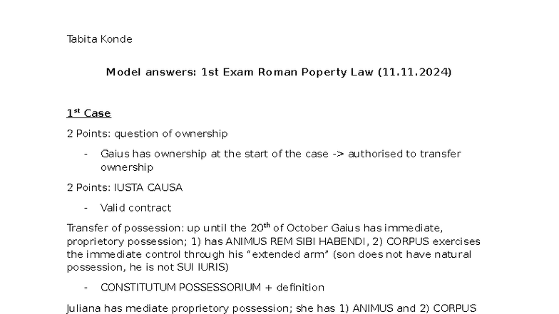 Model Answers: 1st Exam IUSTA CAUSA in Roman Property Law - Studocu