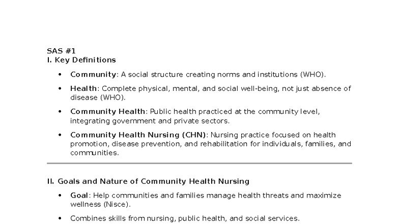 SAS 1: Community Health Nursing Overview and Key Concepts - Studocu