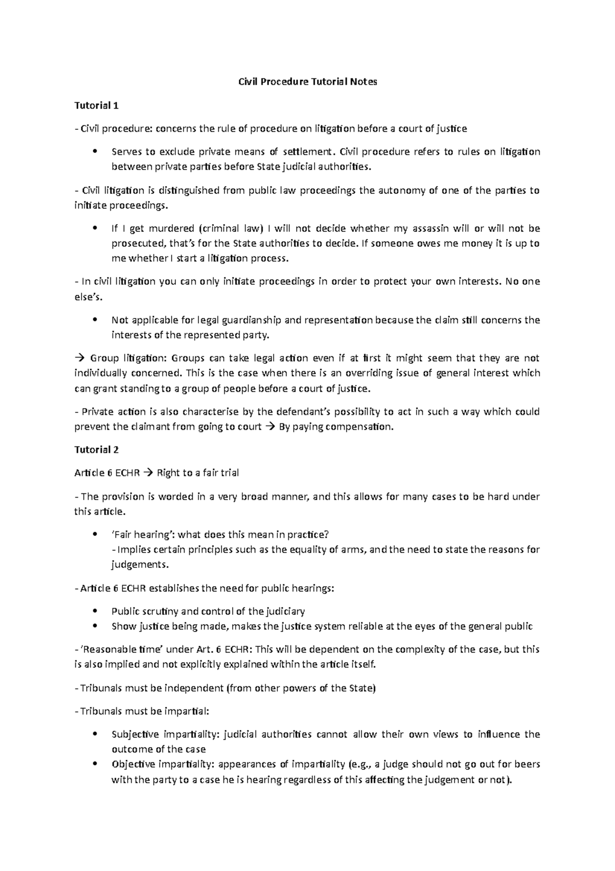 Civil Procedure Tutorial Notes and Key Concepts for ECHR - Studeersnel