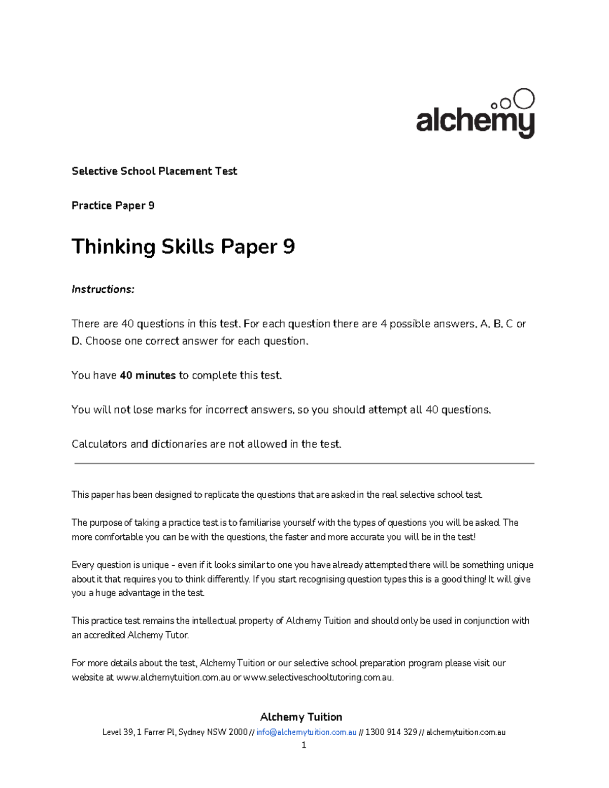 Thinking Skills Practice Test Paper 9 for Selective School Placement ...