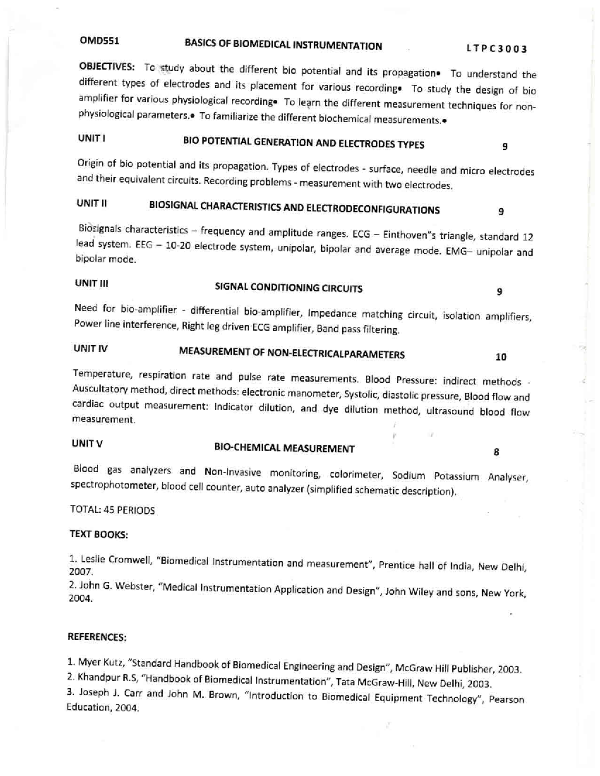 OMD551 Basics of Biomedical Instrumentation - BBI Notes and Objectives ...