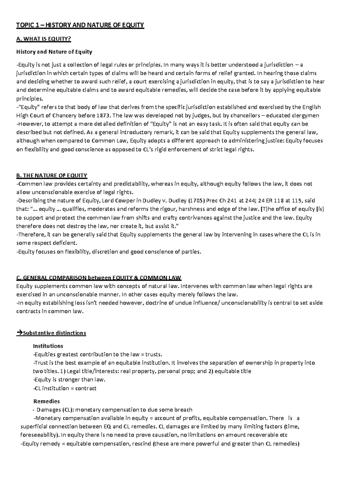 Equity AND Trusts Notes FULL - TOPIC 1 – HISTORY AND NATURE OF EQUITY A ...