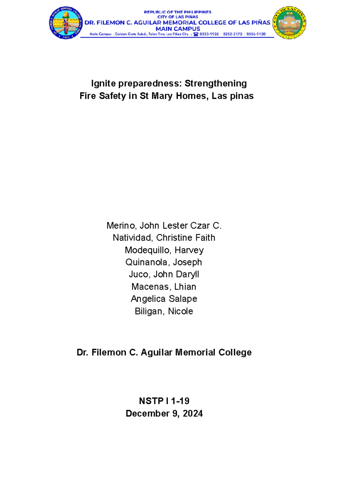 Final Action Plan: Ignite Preparedness for Fire Safety in NSTP I 1 ...