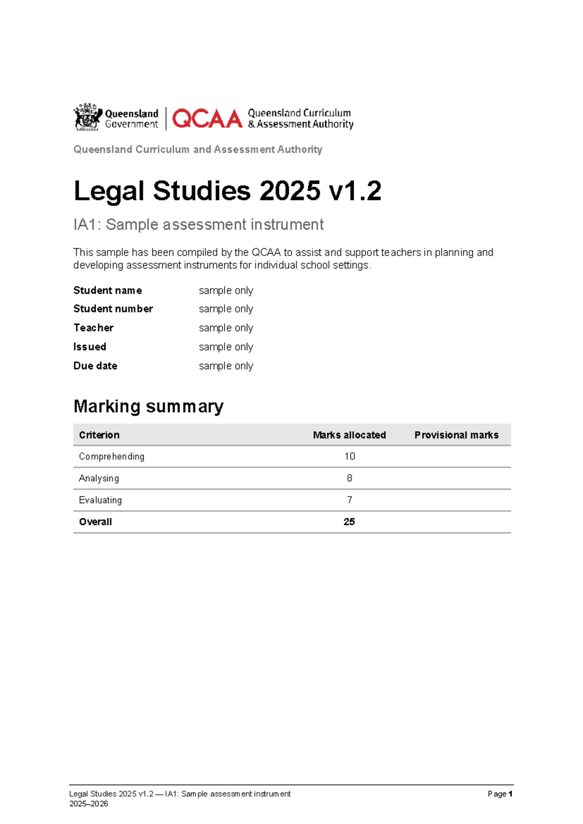 Legal Studies 2025 v1.2 IA1: Sample Assessment Instrument Exam - Studocu