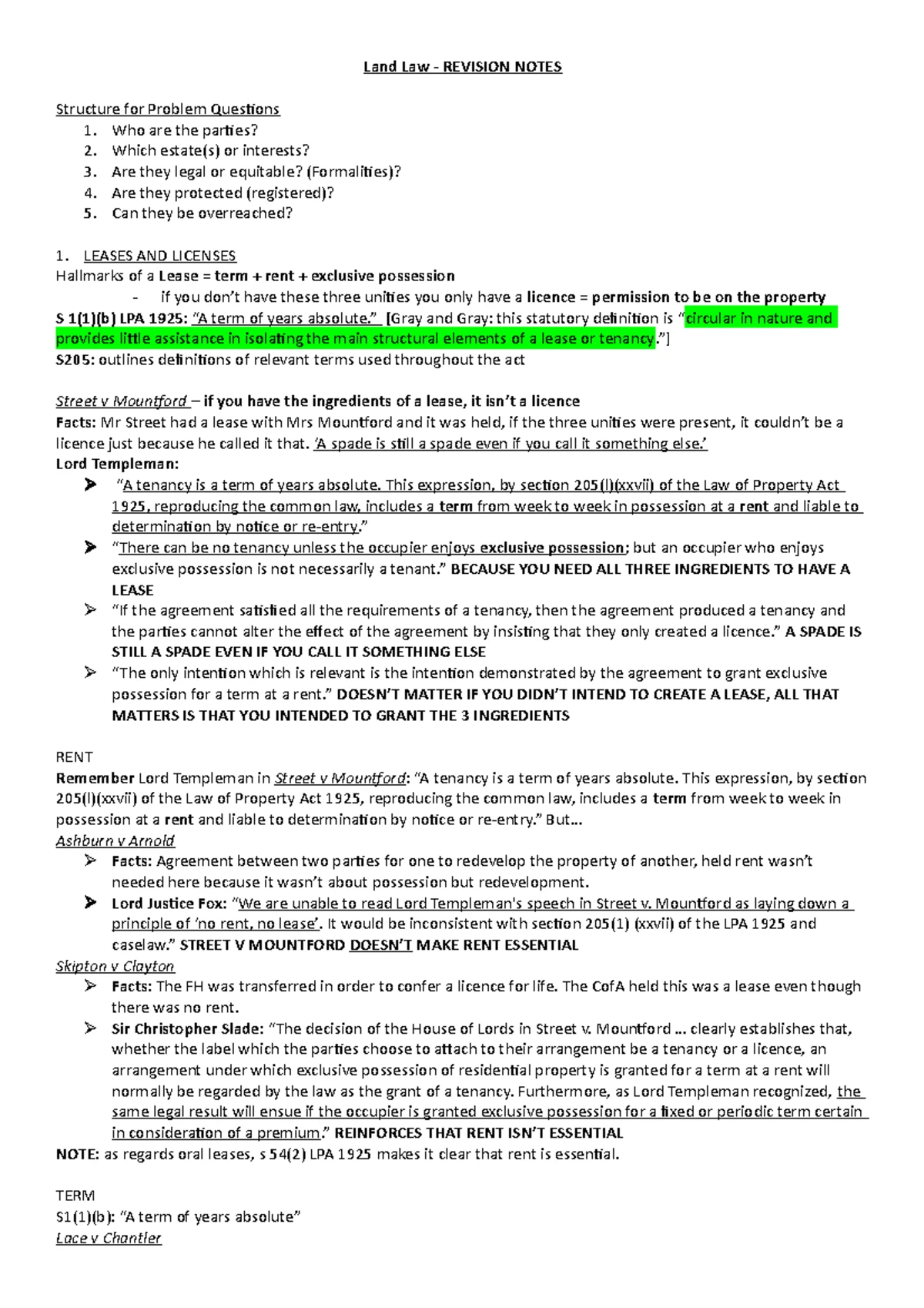Land law lecture 1 - notes - Catey Thomas 2019/ UNIVERSITY OF BRISTOL ...