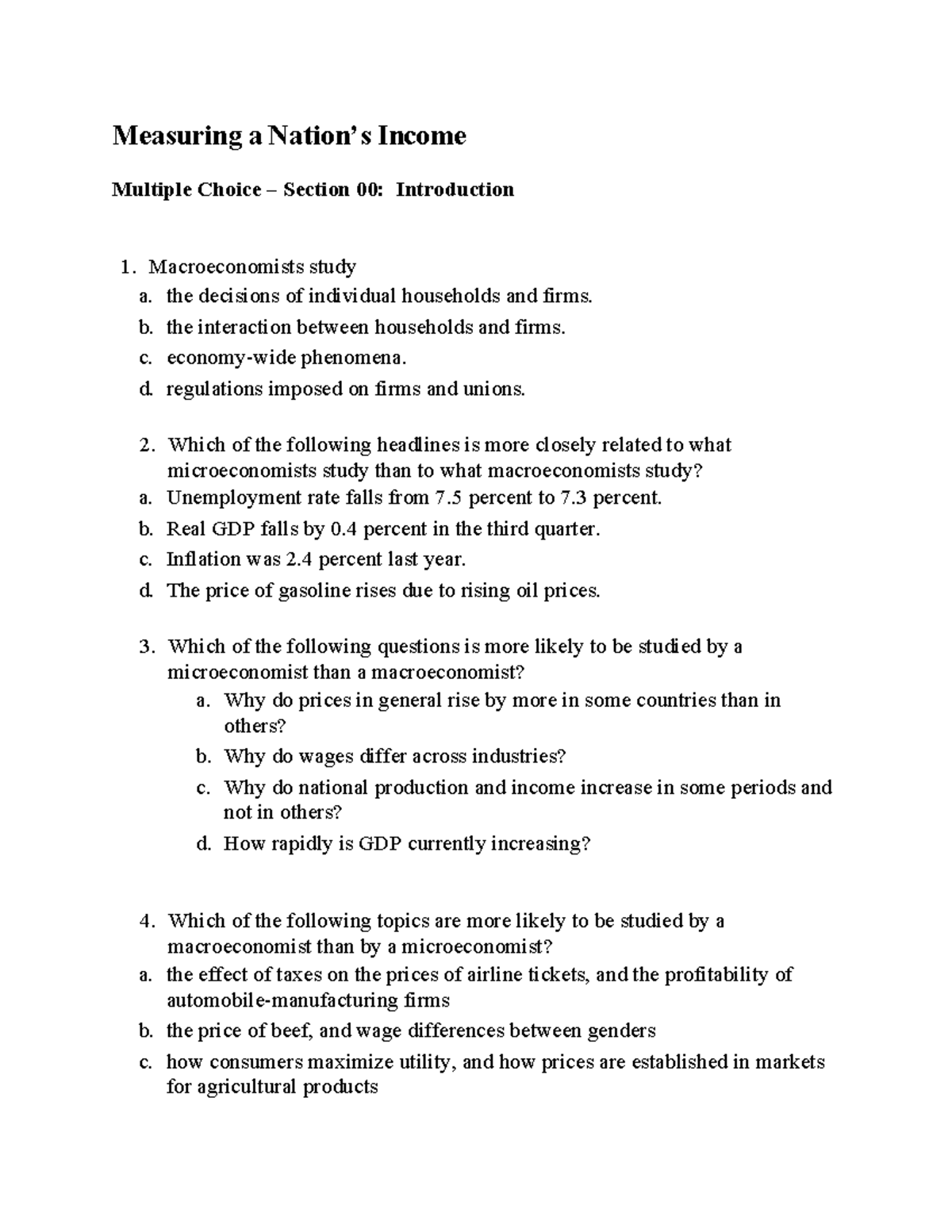 Measuring National Income: Multiple Choice Questions (ECO 101) - Studocu