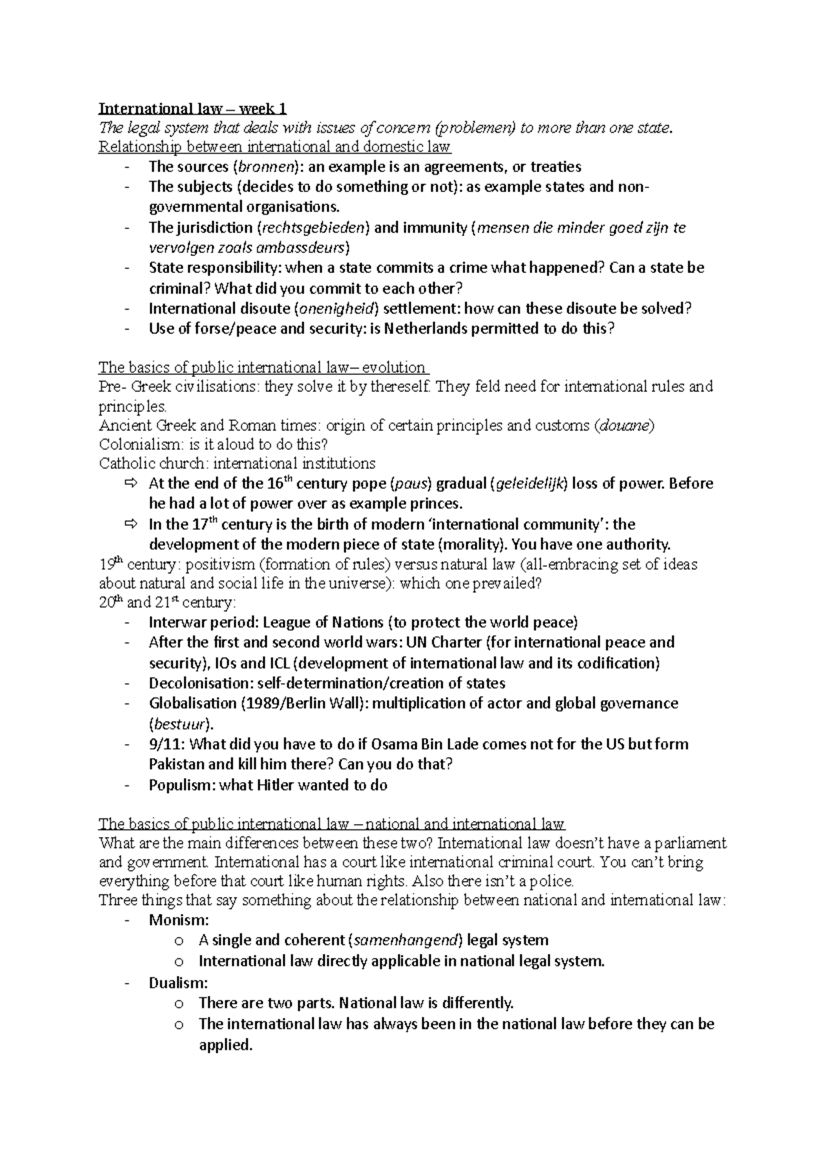 International Law Notes - COLLEGE - Week 1 and 2 Overview - Studeersnel