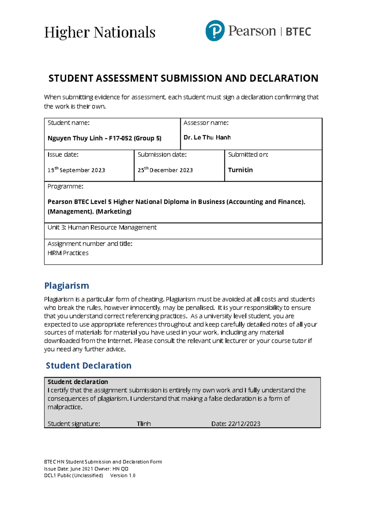 BTEC HN Unit 3 HRM Assignment Submission & Plagiarism Declaration - Studocu