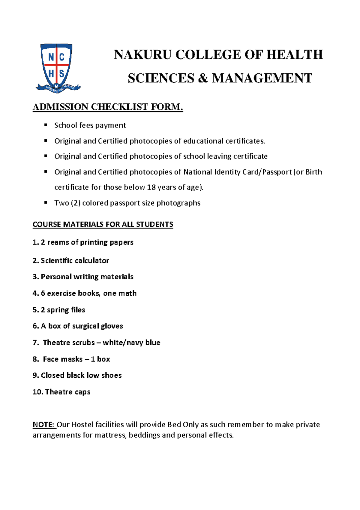 Admission Checklist 2022 PDF - ADMISSION CHECKLIST FORM. School fees ...