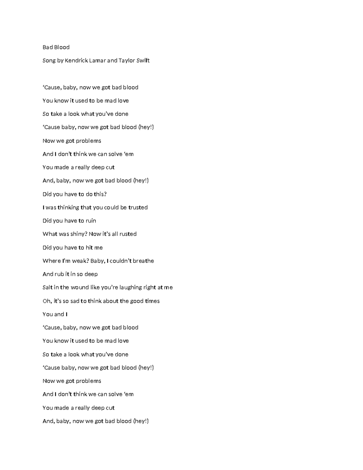 Bad Blood - Song Lyrics Analysis and Interpretation - Studocu