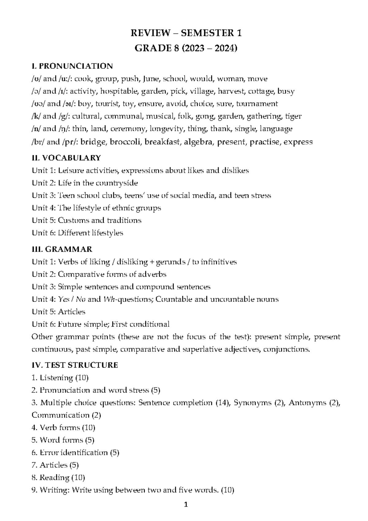Review of Semester 1 - Grade 8 English Language Skills (2023-2024 ...