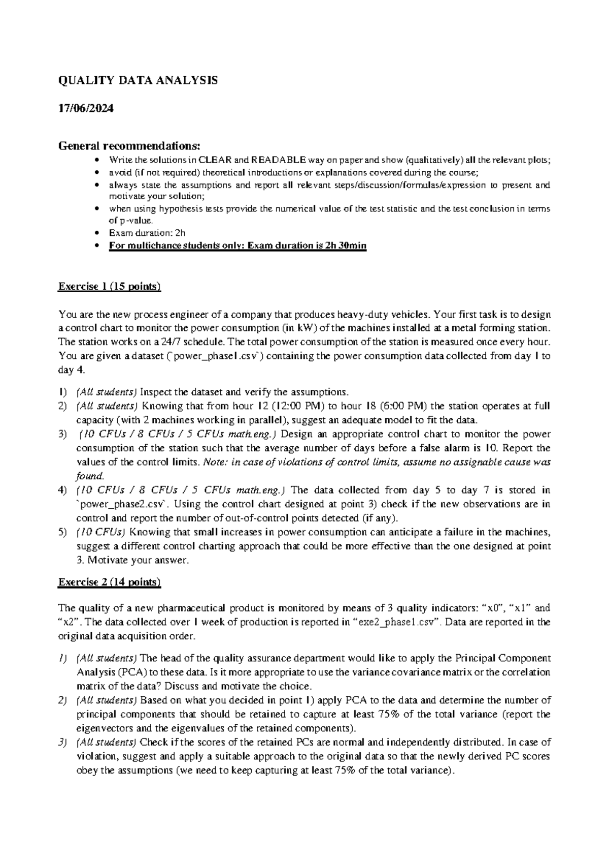 Final Exam - Quality Data Analysis (QDA) - Combined Exercises - Studocu