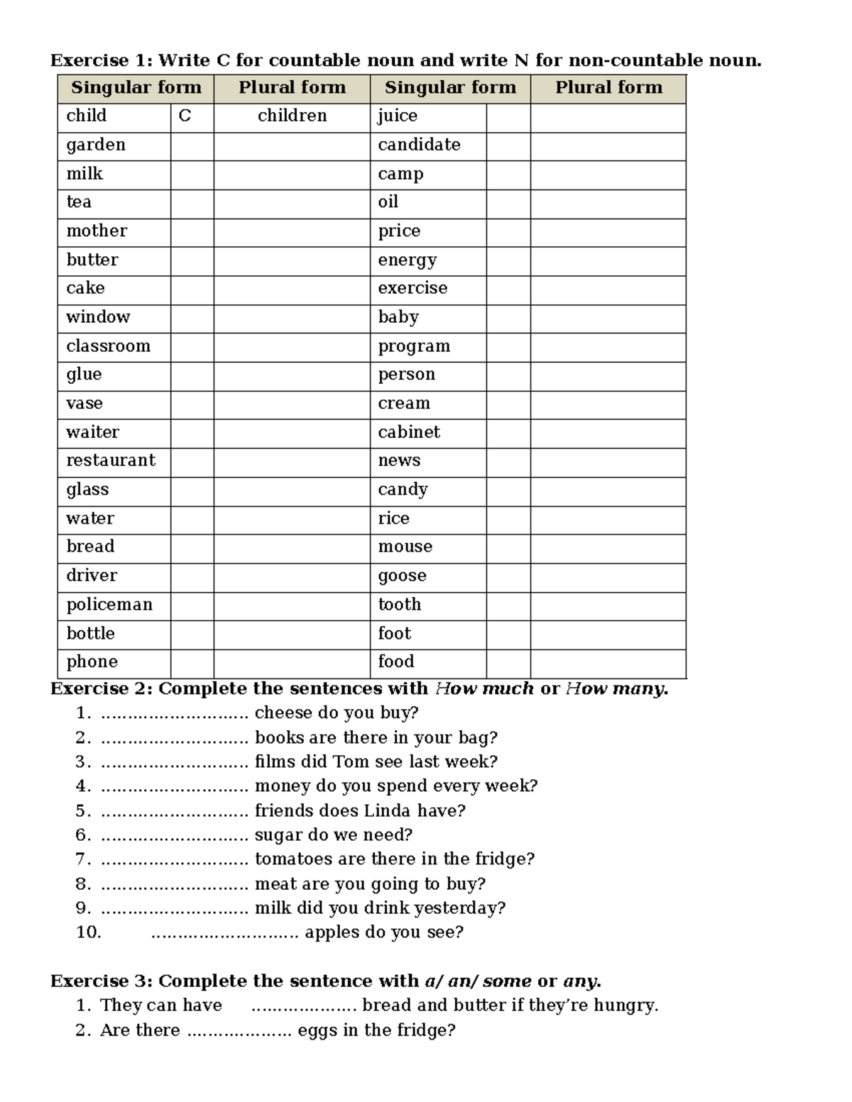 Countable Nouns Worksheet Grade 5