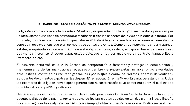 EL PAPEL DE LA IGLESIA CATÓLICA EN EL VIRREINATO NOVOHISPANO - Studocu